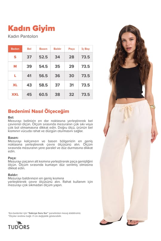 Kadın %100 Pamuk Baggy Fit Rahat Kesim Lastikli Bel Müslin Kumaş Cepli Ekru Pantolon