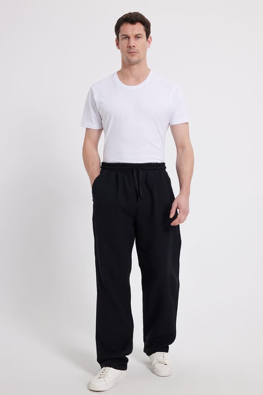 Erkek Baggy Fit Geniş Kesim %100 Pamuk Beli Lastikli Yandan Cepli Müslin Siyah Düz Pantolon