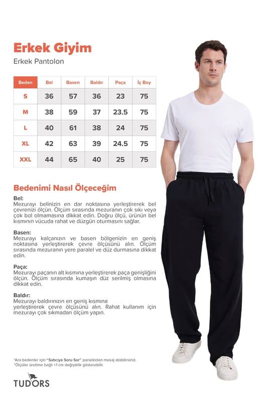 Erkek Baggy Fit Geniş Kesim %100 Pamuk Beli Lastikli Yandan Cepli Müslin Siyah Düz Pantolon