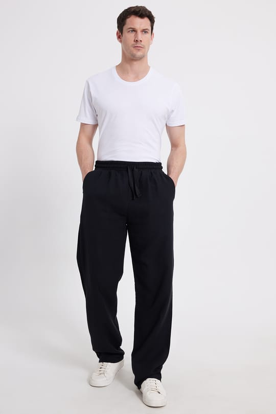 Erkek Baggy Fit Geniş Kesim %100 Pamuk Beli Lastikli Yandan Cepli Müslin Siyah Düz Pantolon