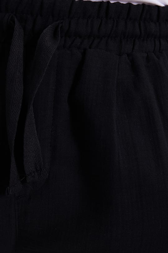 Erkek Baggy Fit Geniş Kesim %100 Pamuk Beli Lastikli Yandan Cepli Müslin Siyah Düz Pantolon