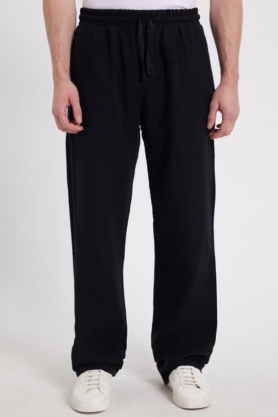 Erkek Baggy Fit Geniş Kesim %100 Pamuk Beli Lastikli Yandan Cepli Müslin Siyah Düz Pantolon