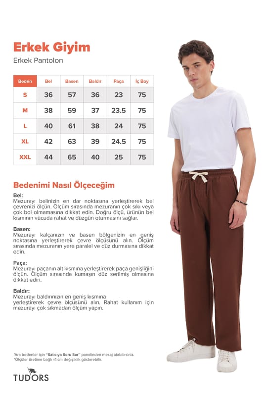 Erkek Baggy Fit Geniş Kesim %100 Pamuk Beli Lastikli Yandan Cepli Müslin Kahverengi Düz Pantolon