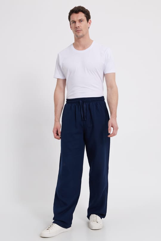 Erkek Baggy Fit Geniş Kesim %100 Pamuk Beli Lastikli Yandan Cepli Müslin Lacivert Düz Pantolon