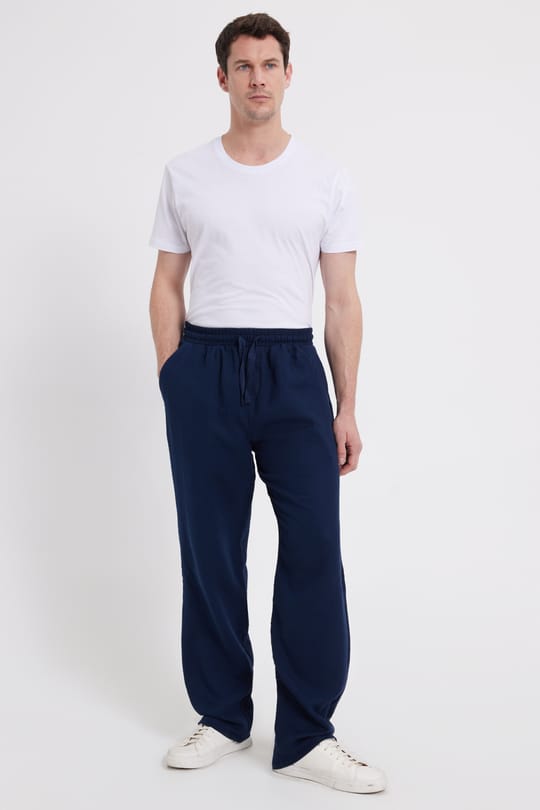 Erkek Baggy Fit Geniş Kesim %100 Pamuk Beli Lastikli Yandan Cepli Müslin Lacivert Düz Pantolon