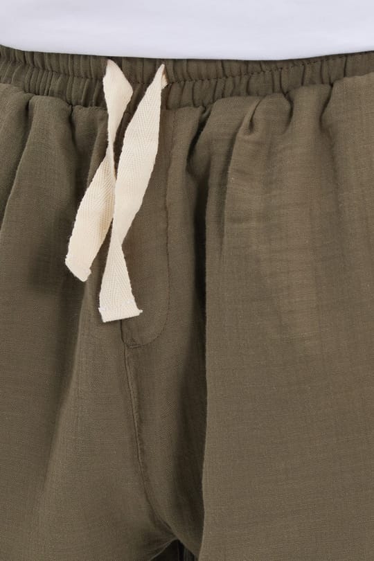 Erkek Baggy Fit Geniş Kesim %100 Pamuk Beli Lastikli Yandan Cepli Müslin Haki Düz Pantolon