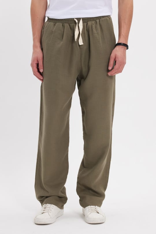 Erkek Baggy Fit Geniş Kesim %100 Pamuk Beli Lastikli Yandan Cepli Müslin Haki Düz Pantolon