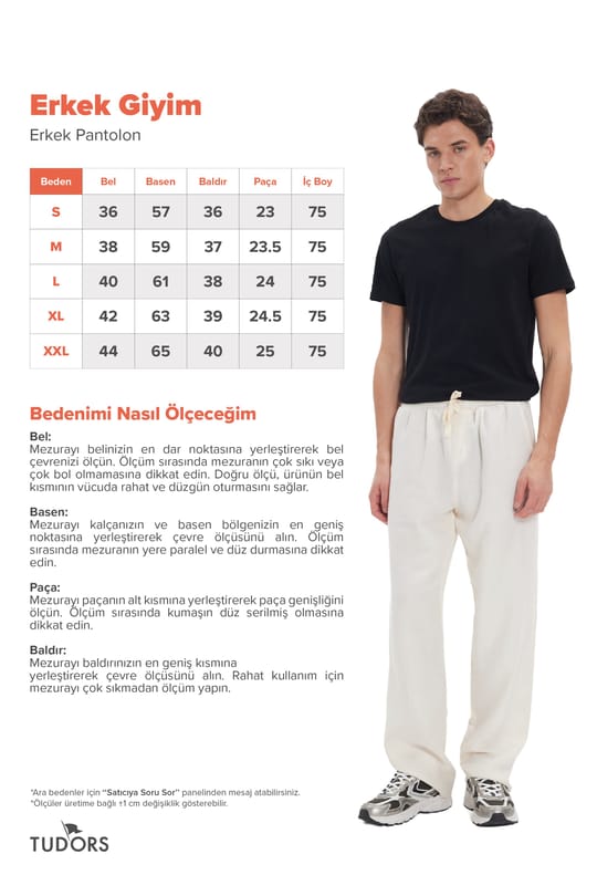 Erkek Baggy Fit Geniş Kesim %100 Pamuk Beli Lastikli Yandan Cepli Müslin Ekru Düz Pantolon