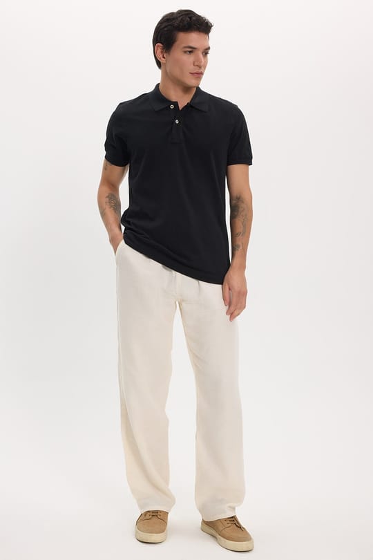 Erkek Baggy Fit Geniş Kesim %100 Pamuk Beli Lastikli Yandan Cepli Müslin Ekru Düz Pantolon