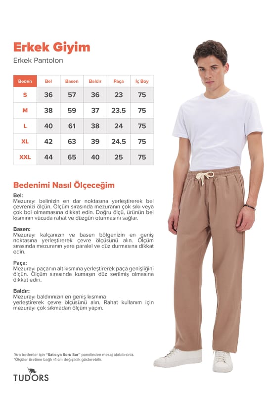 Erkek Baggy Fit Geniş Kesim %100 Pamuk Beli Lastikli Yandan Cepli Müslin Bej Düz Pantolon
