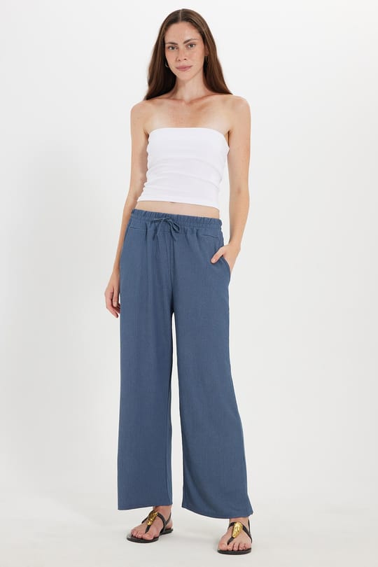 Kadın Regular Fit Klasik Kesim Pamuklu Beli Bağcıklı Desenli Çift Cepli İndigo Pantolon