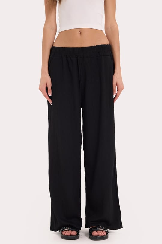 Kadın Regular Fit Klasik Kesim Pamuklu Beli Bağcıklı Desenli Çift Cepli Siyah Pantolon