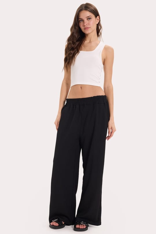 Kadın Regular Fit Klasik Kesim Pamuklu Beli Bağcıklı Desenli Çift Cepli Siyah Pantolon
