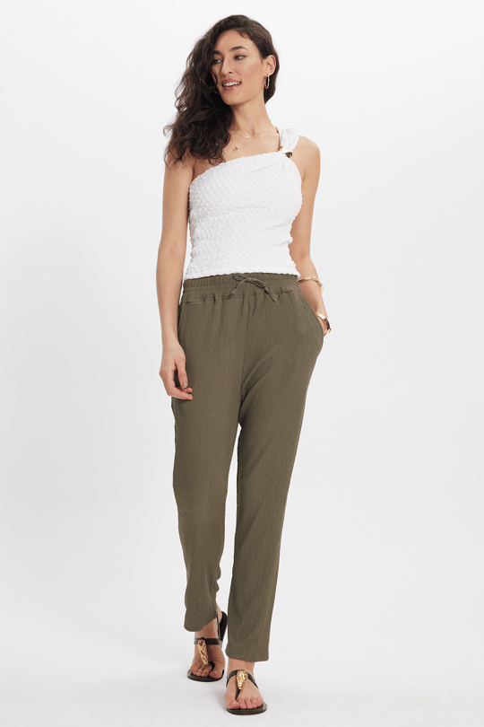 Kadın Regular Fit Klasik Kesim Pamuklu Beli Bağcıklı Desenli Çift Cepli Haki Pantolon