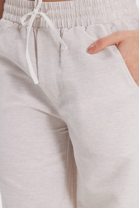 Kadın Regular Fit Klasik Kesim Pamuklu Beli Bağcıklı Lastikli Keten Görünümlü Taş Palazzo Pantolon