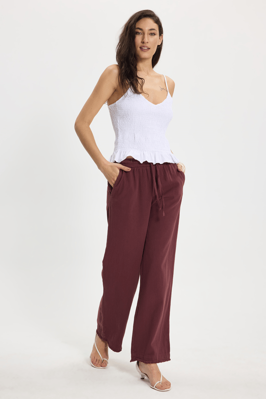 Kadın Relax Fit Rahat Kesim %100 Pamuk Beli Bağcıklı Lastikli Çift Cepli Mürdüm Pantolon