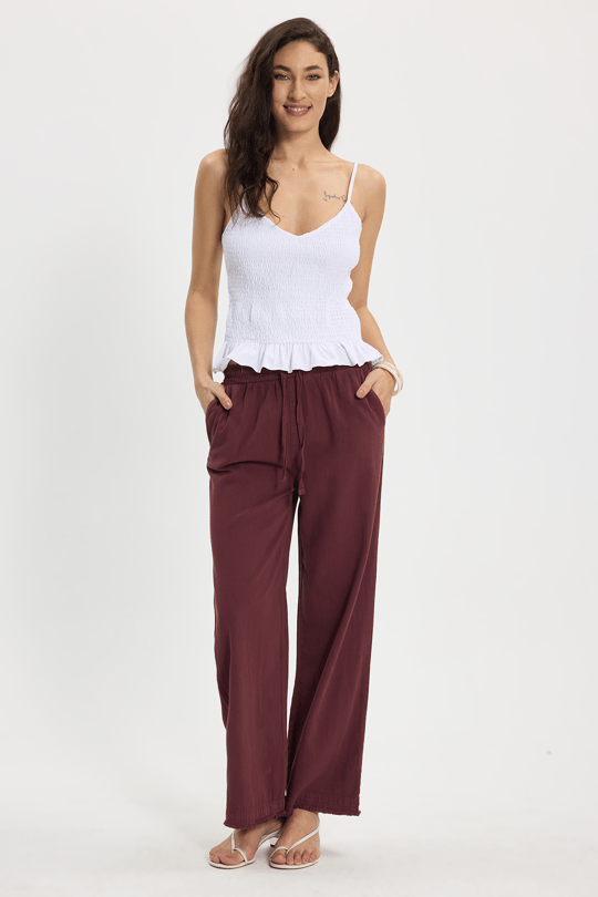 Kadın Relax Fit Rahat Kesim %100 Pamuk Beli Bağcıklı Lastikli Çift Cepli Mürdüm Pantolon