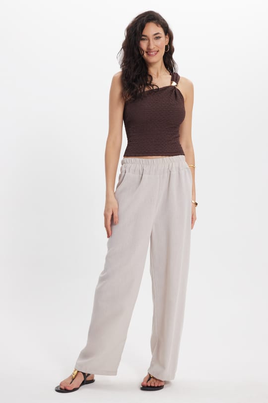 Kadın Relax Fit Rahat Kesim Beli Lastikli Bej Pantolon