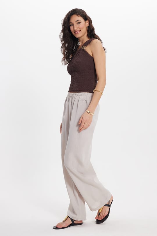 Kadın Relax Fit Rahat Kesim Beli Lastikli Bej Pantolon