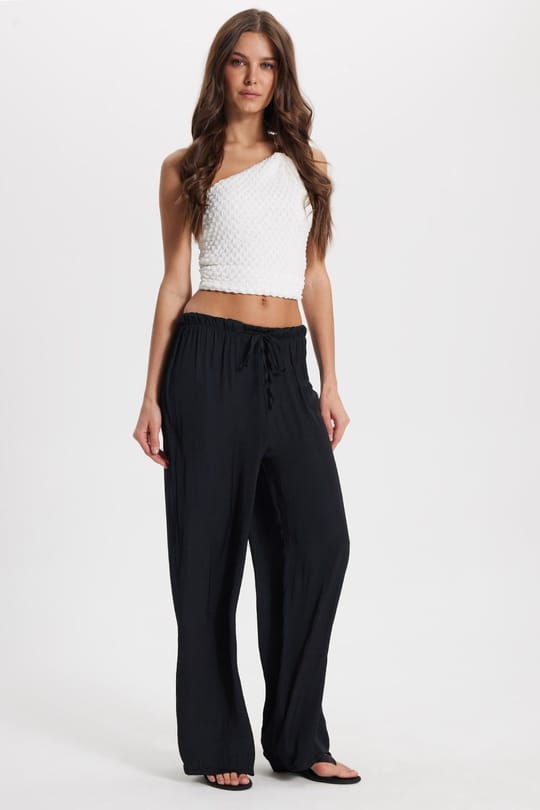 Kadın Relax Fit Rahat Kesim Beli Bağcıklı Lastikli Bol Paça Siyah Pantolon