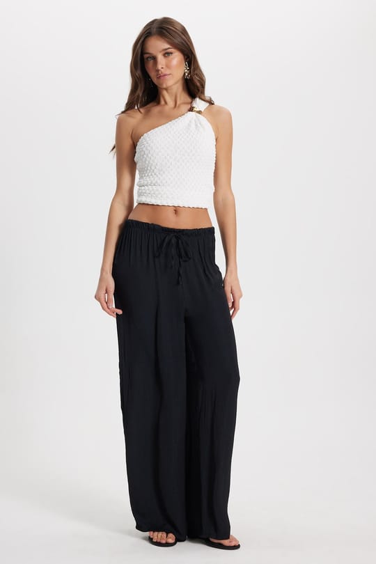 Kadın Relax Fit Rahat Kesim Beli Bağcıklı Lastikli Bol Paça Siyah Pantolon