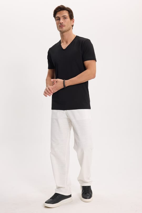 Erkek Relax Fit Rahat Kesim %100 Pamuk Geniş Paça Keten Kumaş Çift Cepli Beyaz Pantolon