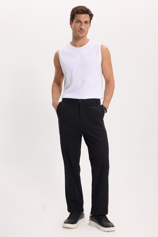 Erkek Relax Fit Rahat Kesim %100 Pamuk Geniş Paça Keten Kumaş Çift Cepli Siyah Pantolon