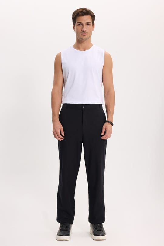 Erkek Relax Fit Rahat Kesim %100 Pamuk Geniş Paça Keten Kumaş Çift Cepli Siyah Pantolon