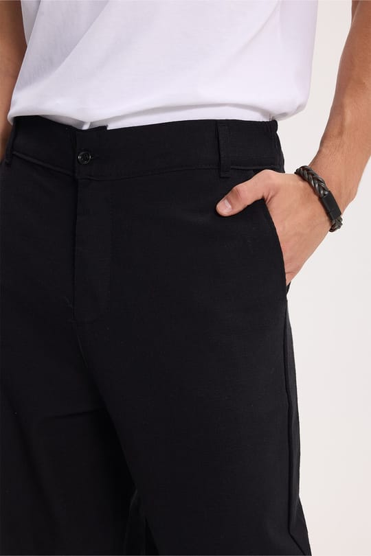 Erkek Relax Fit Rahat Kesim %100 Pamuk Geniş Paça Keten Kumaş Çift Cepli Siyah Pantolon