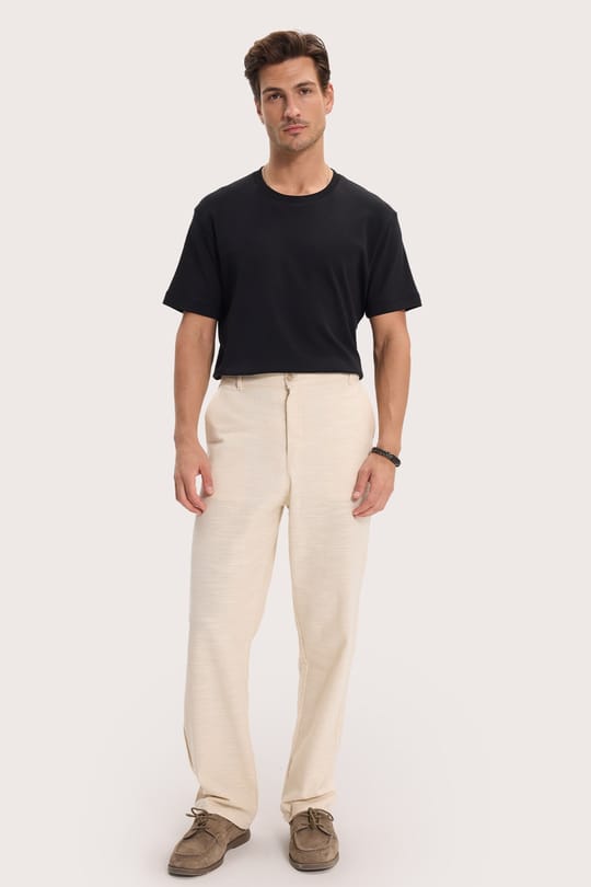 Erkek Relax Fit Rahat Kesim %100 Pamuk Geniş Paça Keten Kumaş Çift Cepli Taş Pantolon