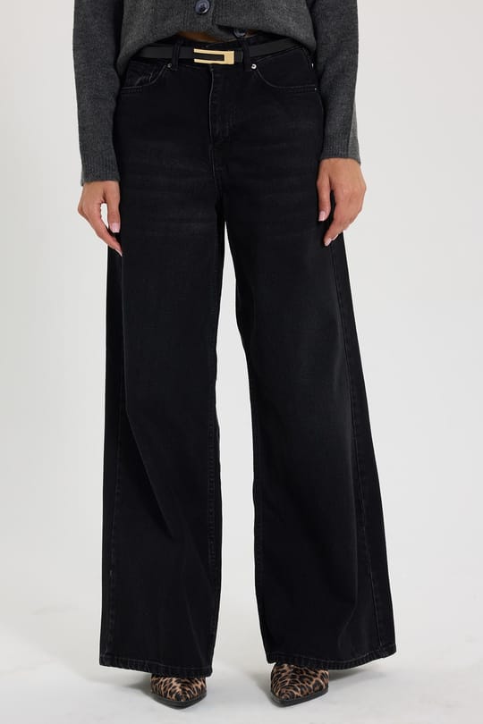 Kadın Relax Fit Rahat Kesim Pamuklu Yüksek Bel Geniş Paçalı Baggy Siyah Kot Pantolon