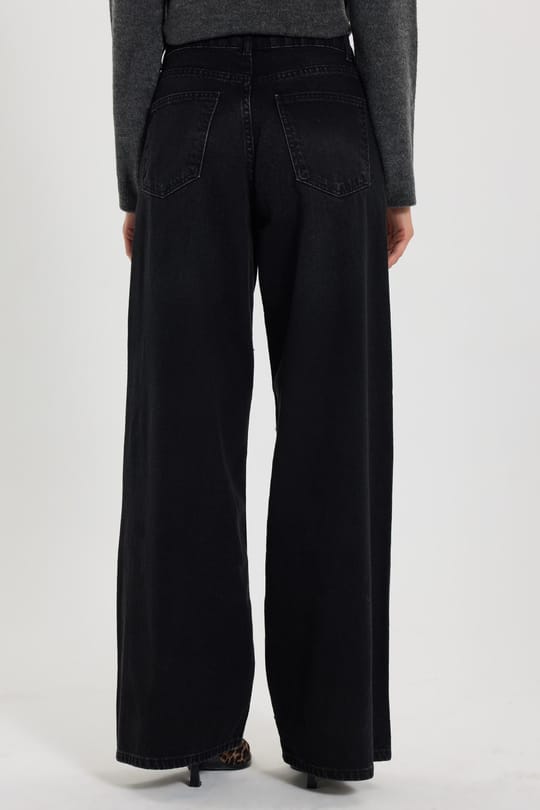 Kadın Relax Fit Rahat Kesim Pamuklu Yüksek Bel Geniş Paçalı Baggy Siyah Kot Pantolon