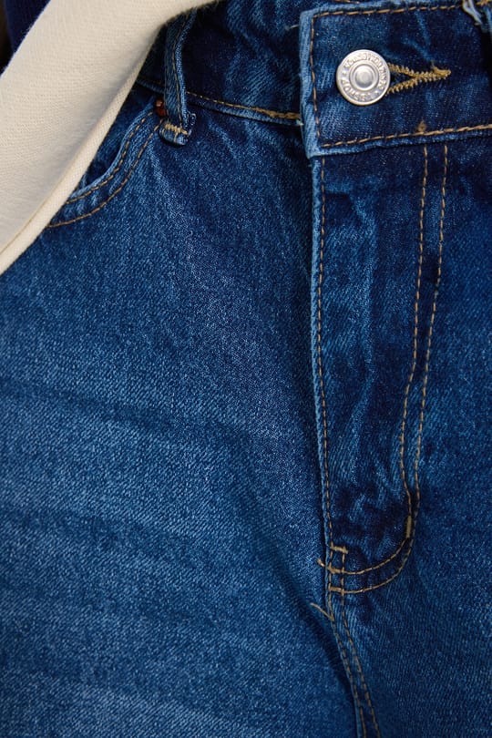 Kadın Relax Fit Rahat Kesim Pamuklu Yüksek Bel Geniş Paçalı Baggy Lacivert Kot Pantolon