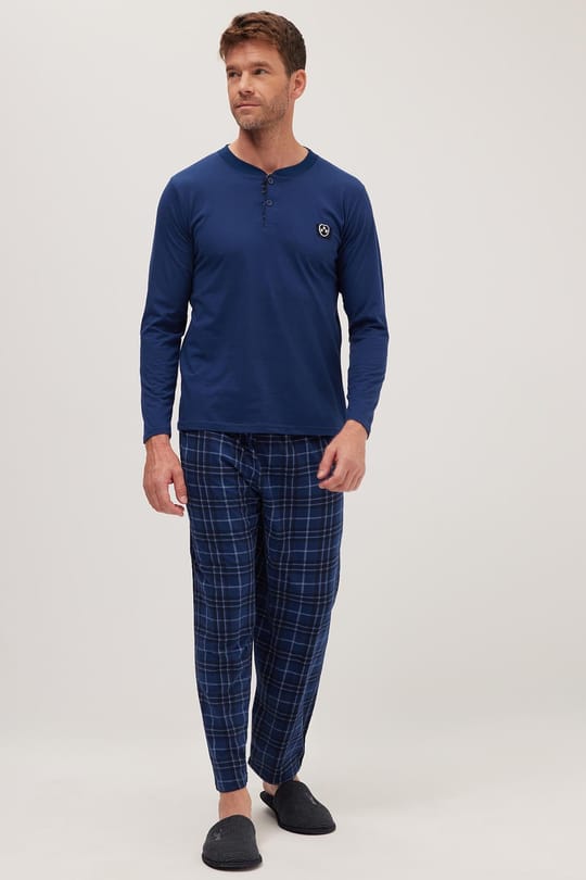 Erkek Regular Fit Pamuklu Düğmeli Yaka Beli Lastikli Desenli İndigo Pijama Takımı