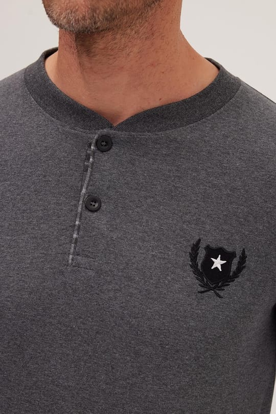 Erkek Regular Fit Pamuklu Düğmeli Yaka Beli Lastikli Desenli Gri Pijama Takımı