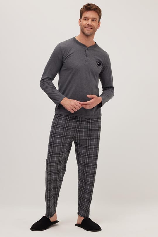 Erkek Regular Fit Pamuklu Düğmeli Yaka Beli Lastikli Desenli Gri Pijama Takımı