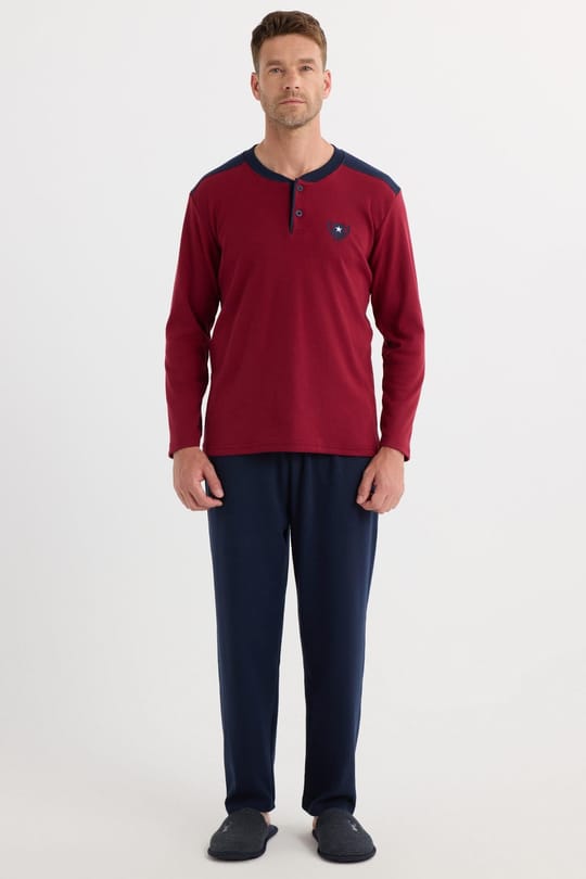 Erkek Regular Fit Pamuklu Düğmeli Yaka Beli Lastikli Desenli Bordo Pijama Takımı