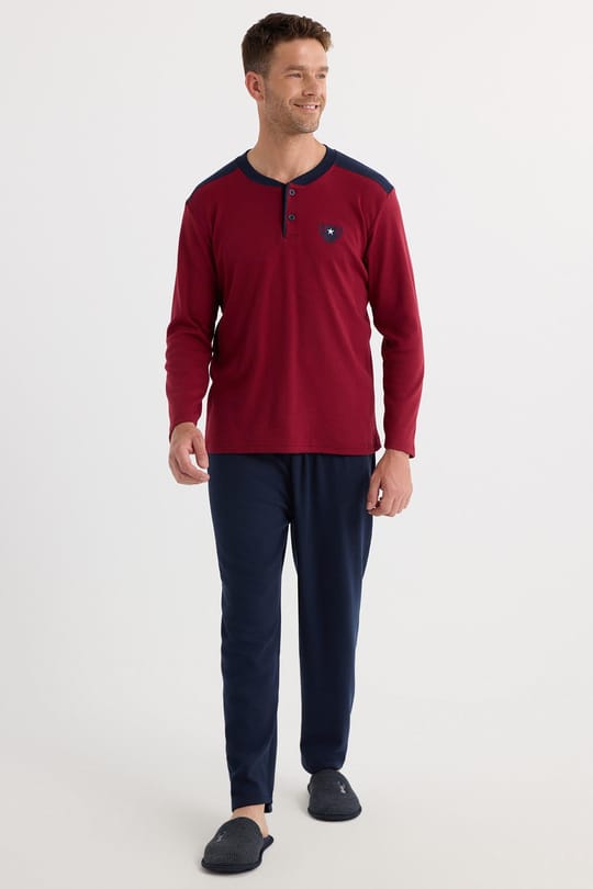 Erkek Regular Fit Pamuklu Düğmeli Yaka Beli Lastikli Desenli Bordo Pijama Takımı