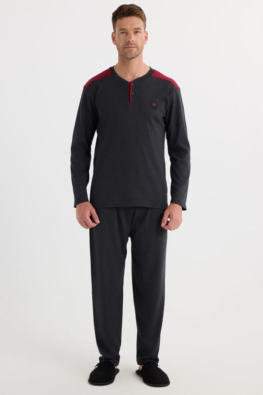 Erkek Regular Fit Pamuklu Düğmeli Yaka Beli Lastikli Desenli Antrasit Pijama Takımı