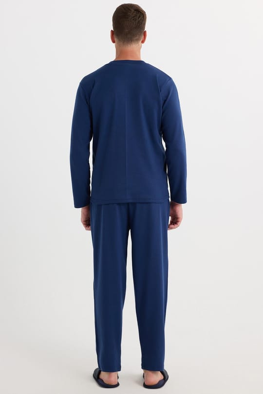Erkek Regular Fit Pamuklu Düğmeli Yaka Beli Lastikli Desenli İndigo Pijama Takımı