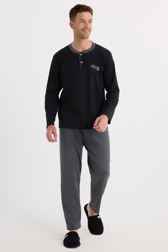 Erkek Regular Fit Pamuklu Düğmeli Yaka Beli Lastikli Desenli Gri Pijama Takımı