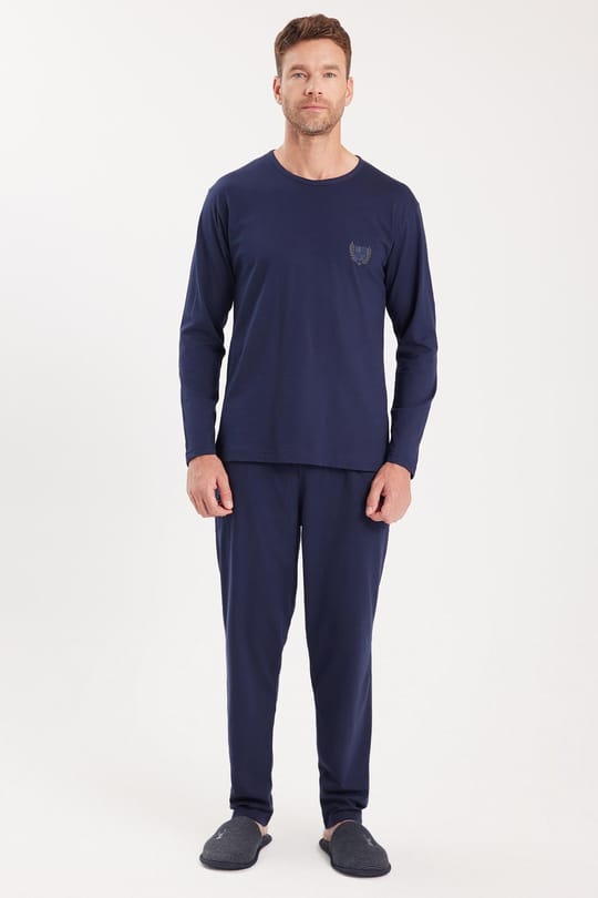 Erkek Standart Fit %100 Pamuk Bisiklet Yaka Beli Lastikli Lacivert Pijama Takımı