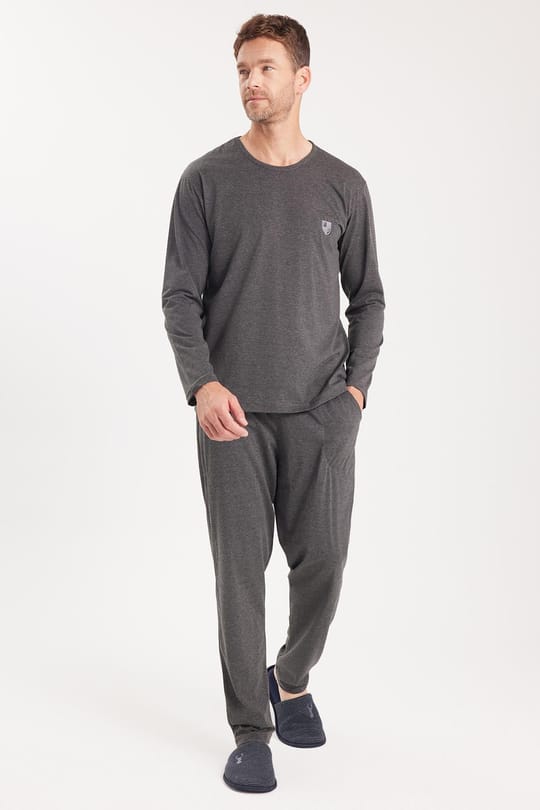 Erkek Standart Fit %100 Pamuk Bisiklet Yaka Beli Lastikli Antrasit Pijama Takımı