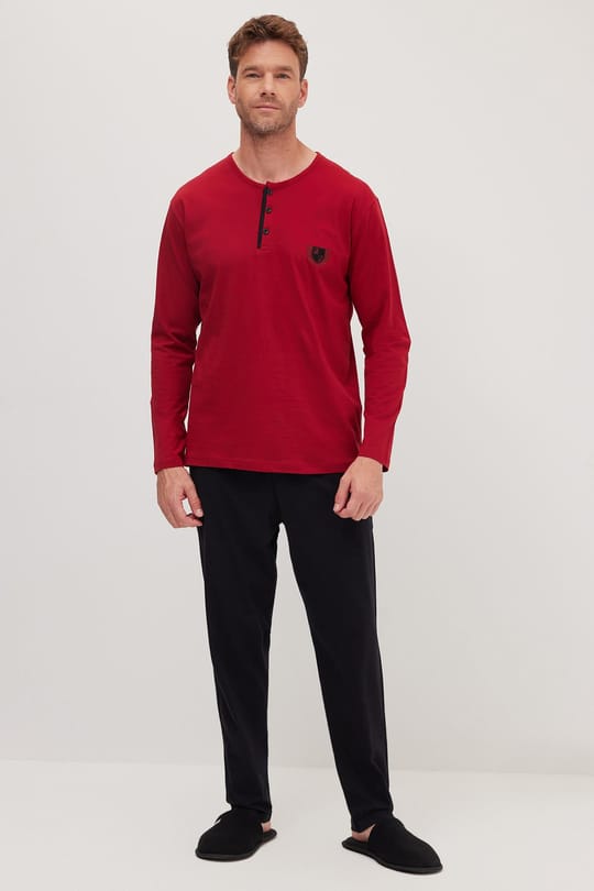 Erkek Standart Fit Normal Kesim %100 Pamuk Bisiklet Yaka Beli Lastikli Siyah Pijama Takımı
