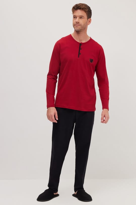Erkek Standart Fit Normal Kesim %100 Pamuk Bisiklet Yaka Beli Lastikli Siyah Pijama Takımı