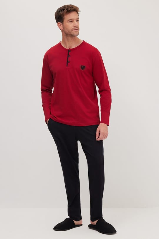 Erkek Standart Fit Normal Kesim %100 Pamuk Bisiklet Yaka Beli Lastikli Siyah Pijama Takımı