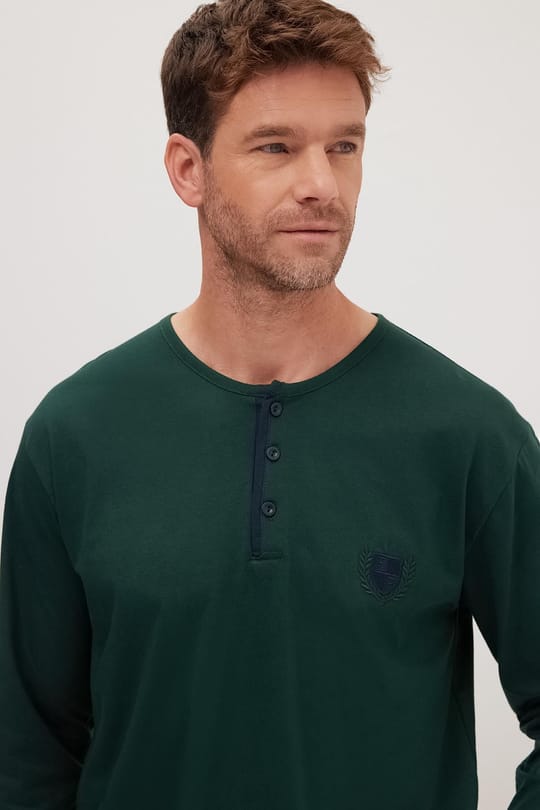 Erkek Standart Fit Normal Kesim %100 Pamuk Bisiklet Yaka Beli Lastikli Lacivert Pijama Takımı