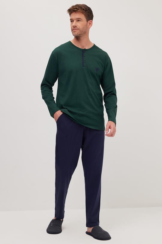 Erkek Standart Fit Normal Kesim %100 Pamuk Bisiklet Yaka Beli Lastikli Lacivert Pijama Takımı