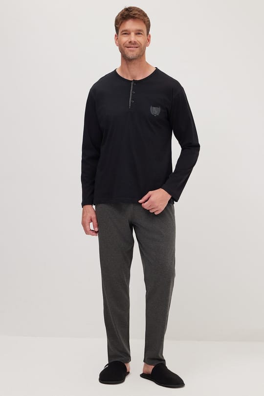 Erkek Standart Fit Normal Kesim %100 Pamuk Bisiklet Yaka Beli Lastikli Antrasit Pijama Takımı