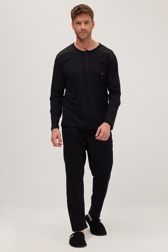 Erkek Standart Fit Normal Kesim %100 Pamuk Bisiklet Yaka Beli Lastikli Siyah Pijama Takımı